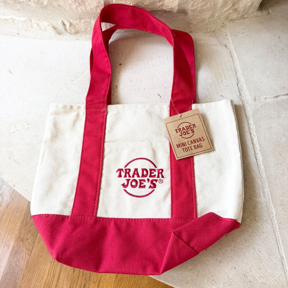 Trader Joe's Mini Canvas Tote Bag Red Cream Embroidered Logo 76747 NEW